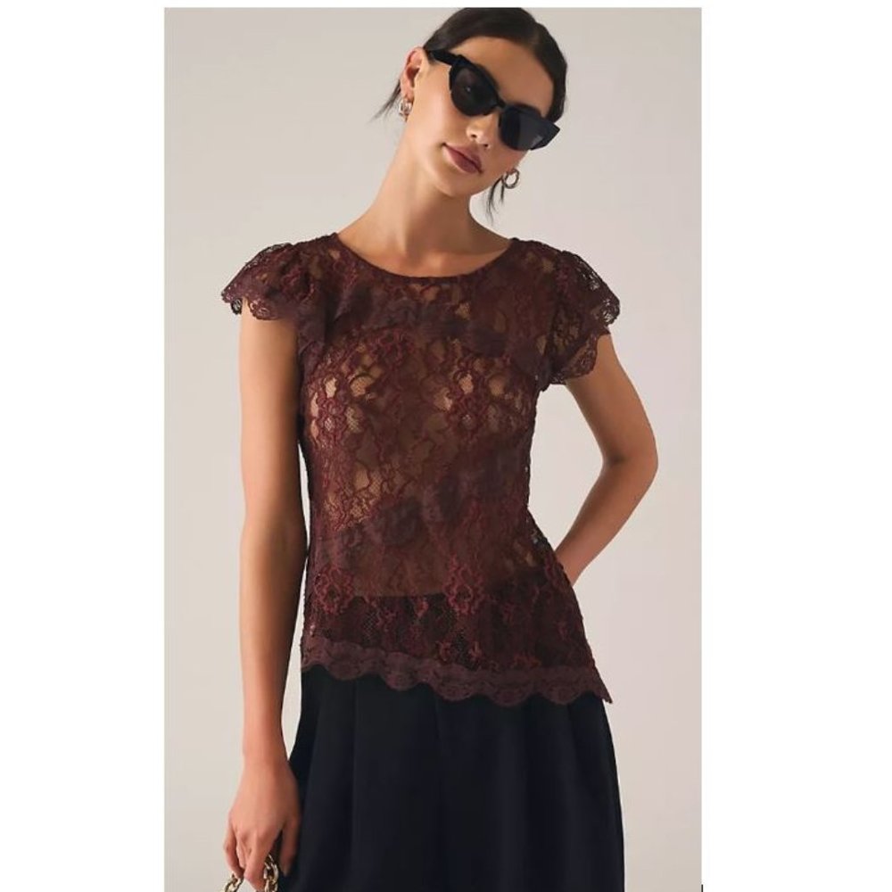By Anthropologie Sheer Lace Layering Tee in Plum – Size Small - NWT